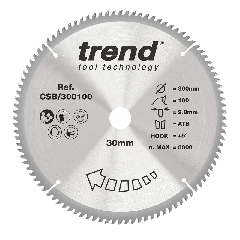 Trend Wood Circular Saw Blade, 300mm Diameter, 30mm Bore, 100 Teeth, 2.8mm Kerf, +5° Hook, TCT, Extra-Fine Finish, CSB/300100