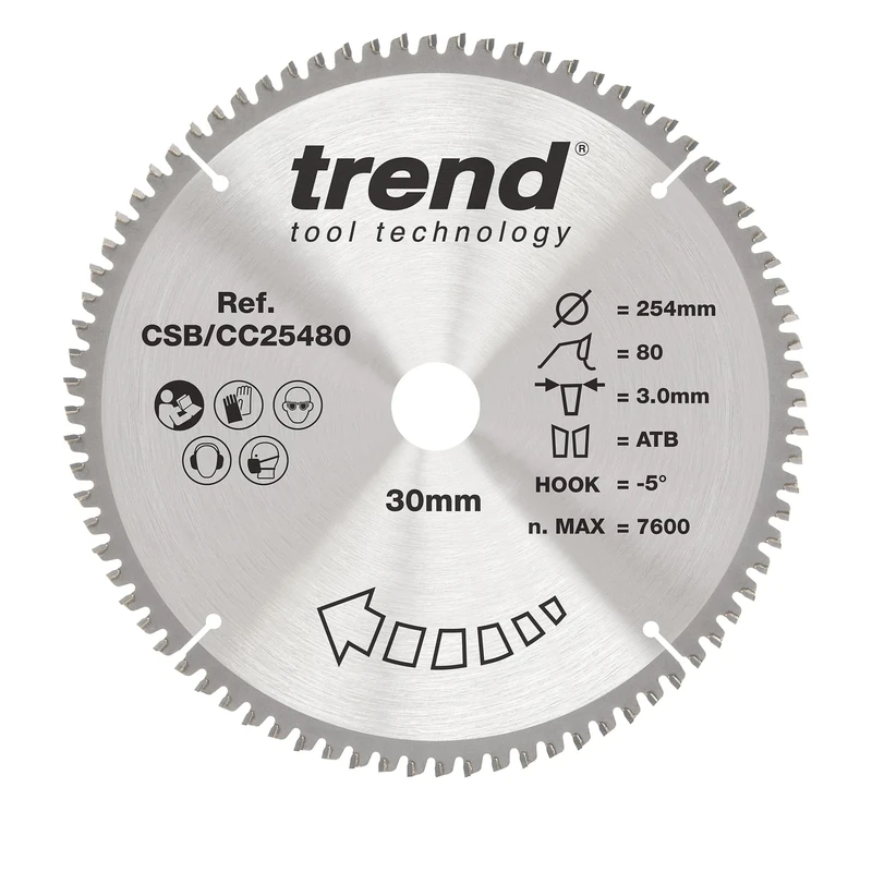 Trend Wood Mitre Saw Blade, 254mm Diameter, 30mm Bore, 80 Teeth, 3mm Kerf, -5° Hook, TCT, Extra-Fine Finish, CSB/CC25480