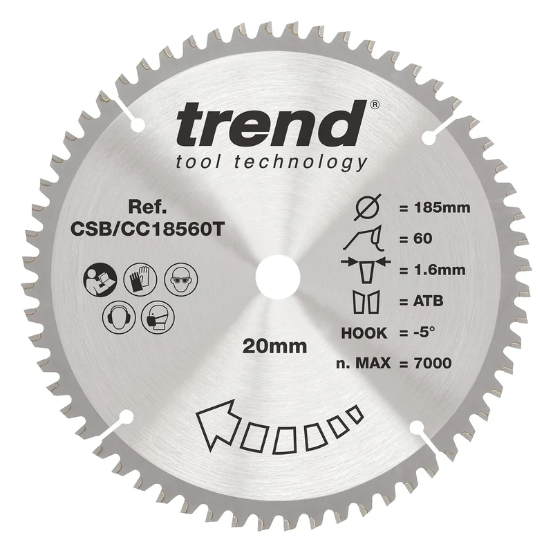 Trend Wood Cordless Mitre Saw Blade, 185mm Diameter, 20mm Bore, 60 Teeth, 1.6mm Kerf, -5° Hook, TCT, Extra-Fine Finish, CSB/CC18560T