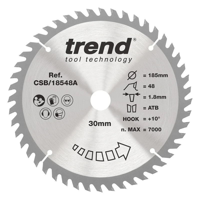 Trend Wood Cordless Circular Saw Blade, 185mm Diameter, 30mm Bore, 48 Teeth, 1.8mm Kerf, +10° Hook, TCT, Fine Finish, CSB/18548A