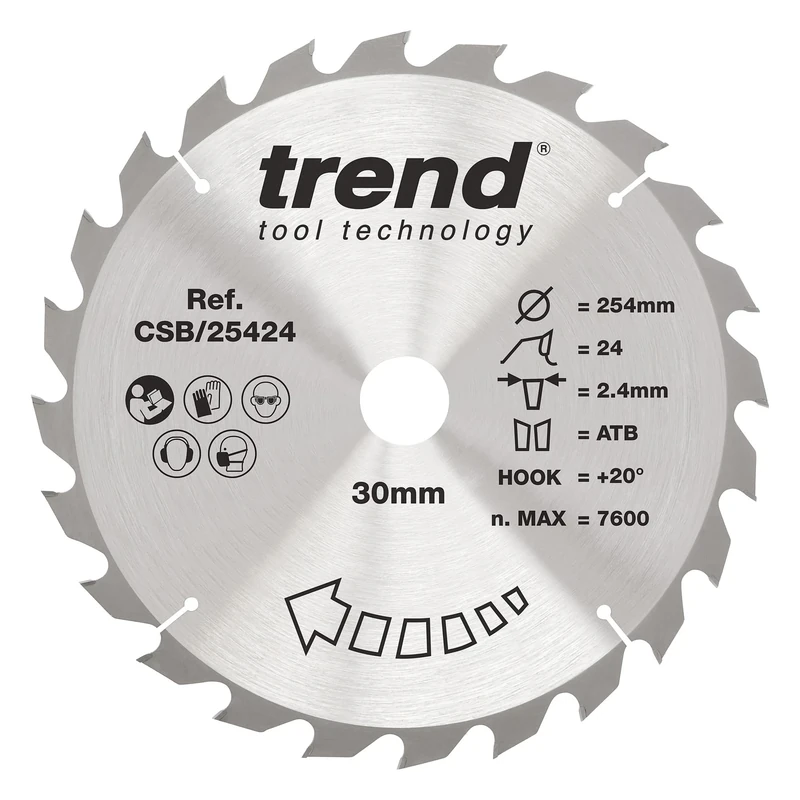 Trend Wood Circular Saw Blade, 254mm Diameter, 30mm Bore, 24 Teeth, 2.4mm Kerf, +20° Hook, TCT, Coarse Finish, CSB/25424