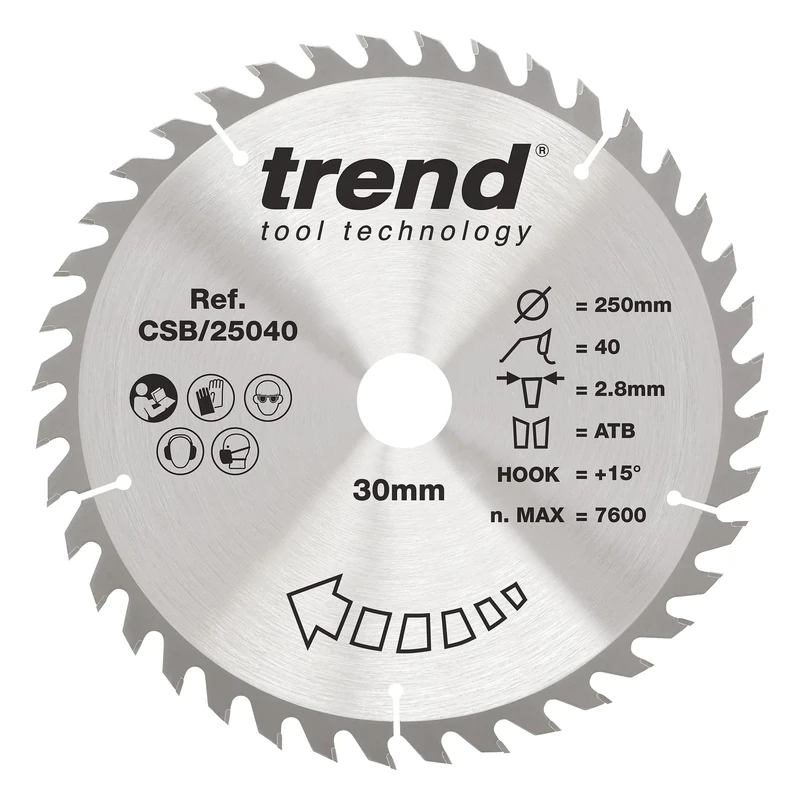 Trend Wood Circular Saw Blade, 250mm Diameter, 30mm Bore, 40 Teeth, 2.8mm Kerf, +15° Hook, TCT, Medium Finish, CSB/25040