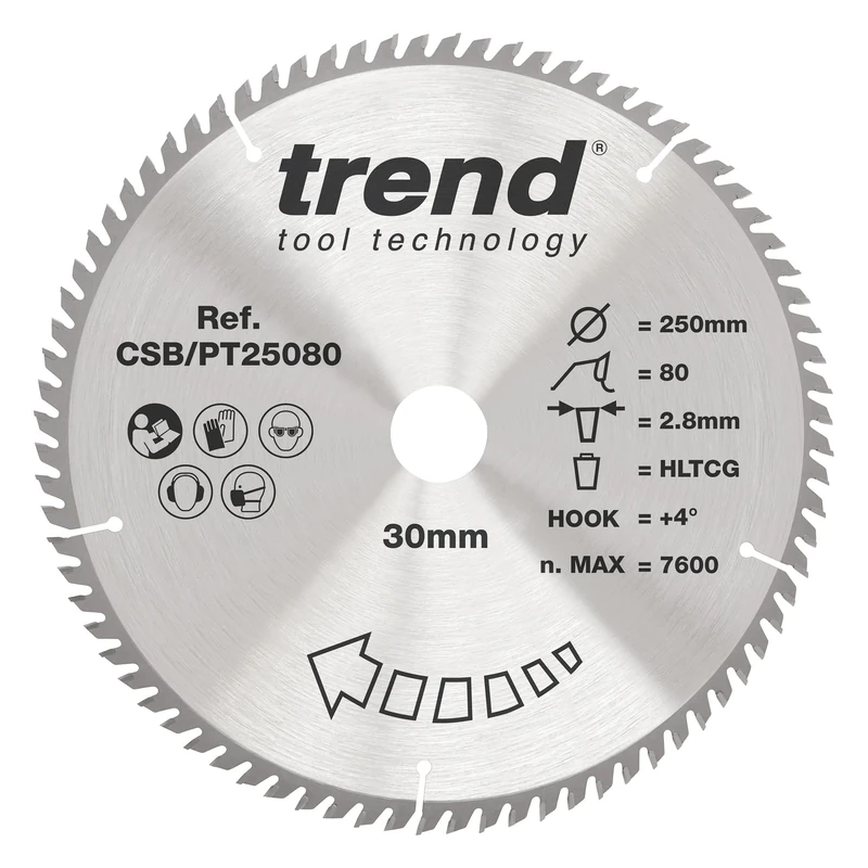 Trend Laminate & HPL Circular Saw Blade, 250mm Diameter, 30mm Bore, 80 Teeth, 2.8mm Kerf, +4° Hook, TCT, Super-Fine Finish, CSB/PT25080