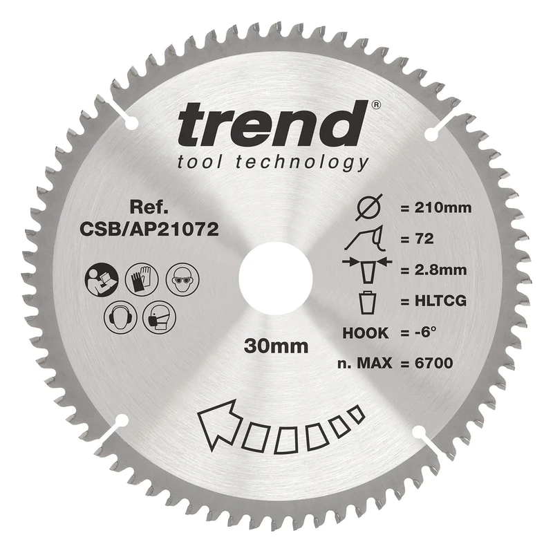 Trend Aluminium & Plastic Circular Saw Blade, 210mm Diameter, 30mm Bore, 72 Teeth, 2.8mm Kerf, -6° Hook, TCT, Extra-Fine Finish, CSB/AP21072