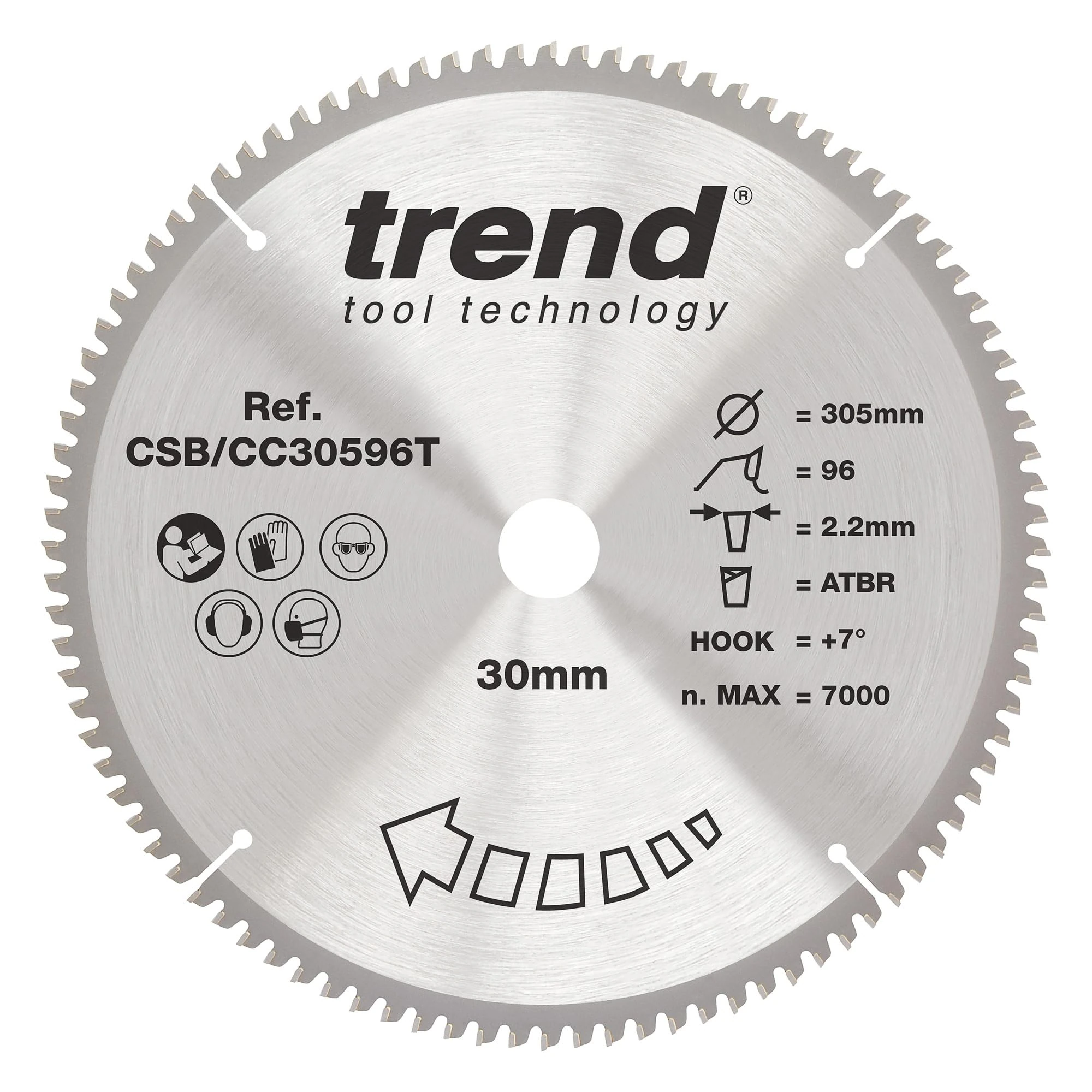 Trend Wood Cordless ATBR Mitre Saw Blade, 305mm Diameter, 30mm Bore, 96 Teeth, 2.2mm Kerf, +7° Hook, TCT, Extra-Fine Finish, CSB/CC30596T