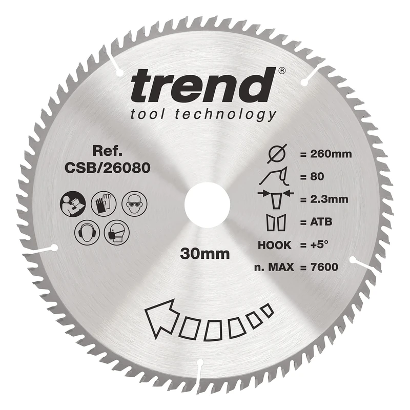 Trend Wood Circular Saw Blade, 260mm Diameter, 30mm Bore, 80 Teeth, 2.3mm Kerf, +5° Hook, TCT, Extra-Fine Finish, CSB/26080