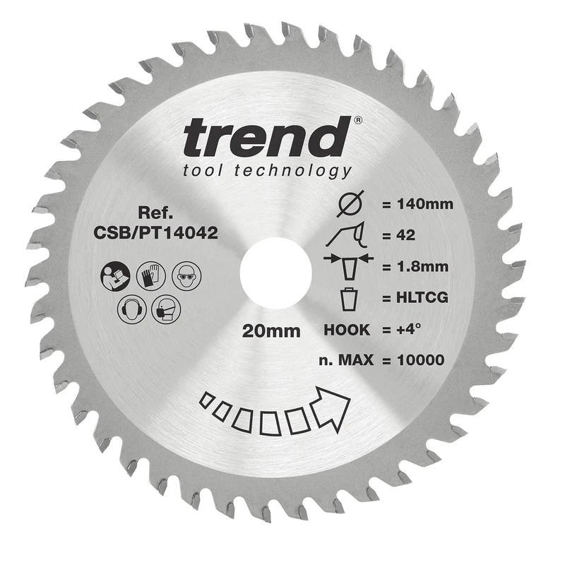 Trend Laminate & HPL Circular Saw Blade, 140mm Diameter, 20mm Bore, 42T, 1.8mm Kerf, +4° Hook, TCT Finish, CSB/PT14042