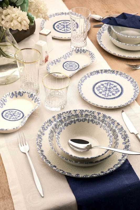 27-Piece Dinner Set, 100% Porcelain, Blue & White, Includes Service Plates, Bowls, Dessert Plates, Dishwasher & Microwave Safe, Elegant Dining Experience
