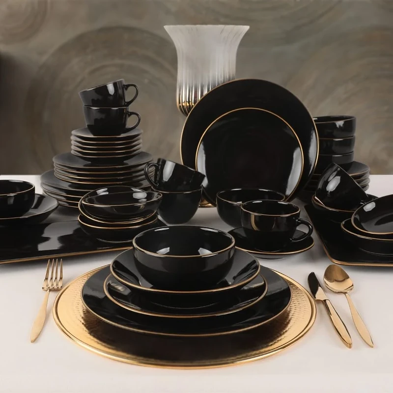 Elegant 44-Piece Ceramic Dinner Set, Black Stoneware, Antibacterial, Eco-Friendly, Easy Clean, Dishwasher & Microwave Safe, Perfect for Modern Dining