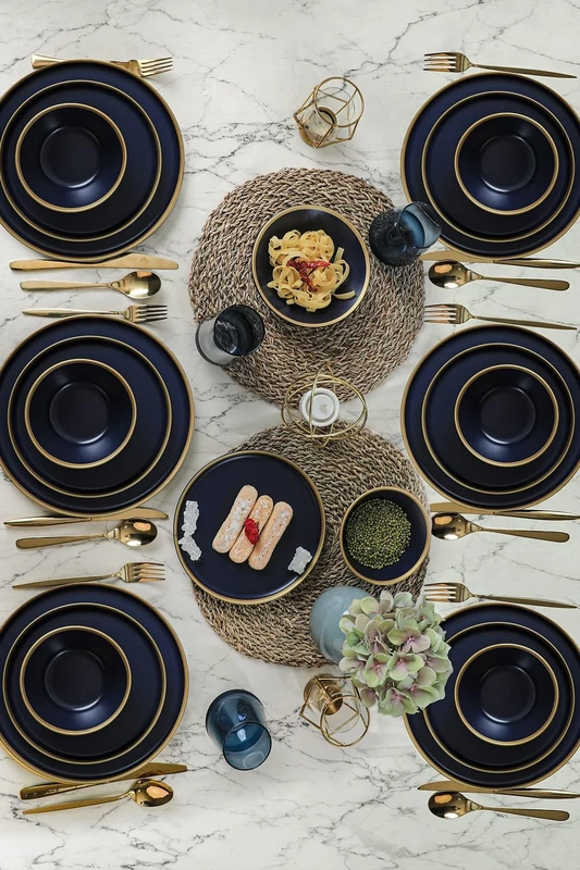 Elegant Dark Blue Ceramic Dinner Set (24 Pieces), 100% Antibacterial, Easy-Clean, Dishwasher Safe, Includes Plates, Bowls & Dessert Plates