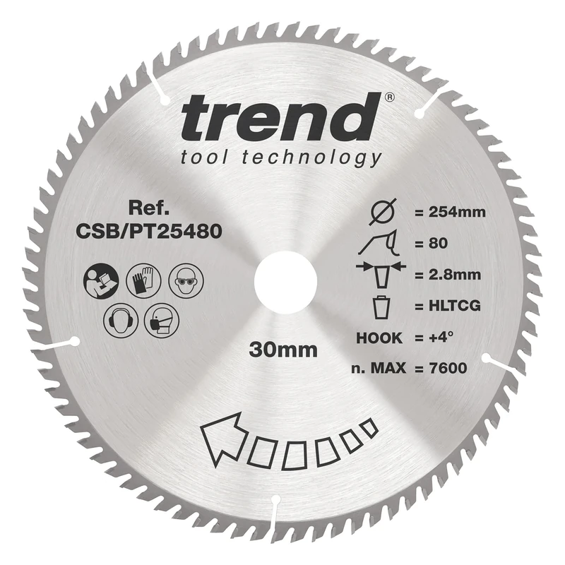 Trend Laminate & HPL Circular Saw Blade, 254mm Diameter, 30mm Bore, 80T, 2.8mm Kerf, +4° Hook, TCT Finish, CSB/PT25480