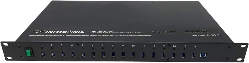 INFITRONIC - IN19PLG002A - 19 Inch USB 3.0 Hub 16 Ports with Charging Station and Synchronization (1 U Rack Mounting)