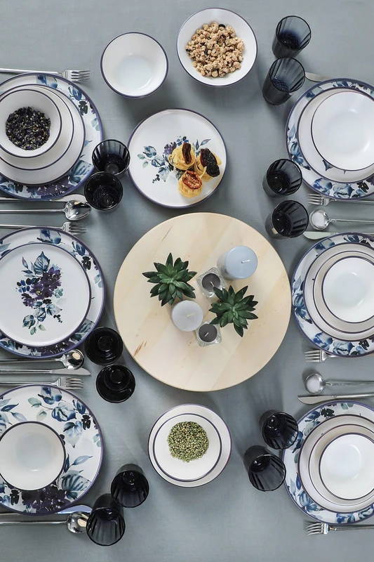Elegant 24-Piece Ceramic Dinner Set, Antibacterial & Easy Clean, White/Blue/Purple, Includes 6 Service Plates (28 cm), Bowls & Dessert Plates, Dishwasher Safe - Image 1