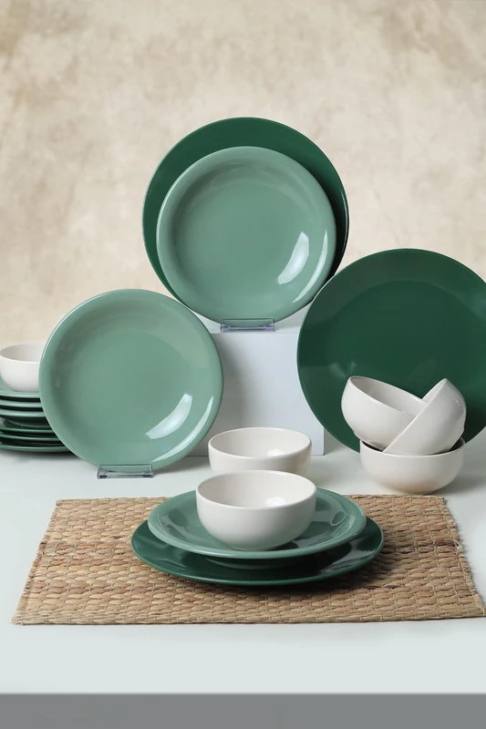 Elegant 18-Piece Ceramic Dinner Set, Green & White, 100% Antibacterial, Easy-Clean, Thermal Shock Resistant, Dishwasher & Microwave Safe - Image 1