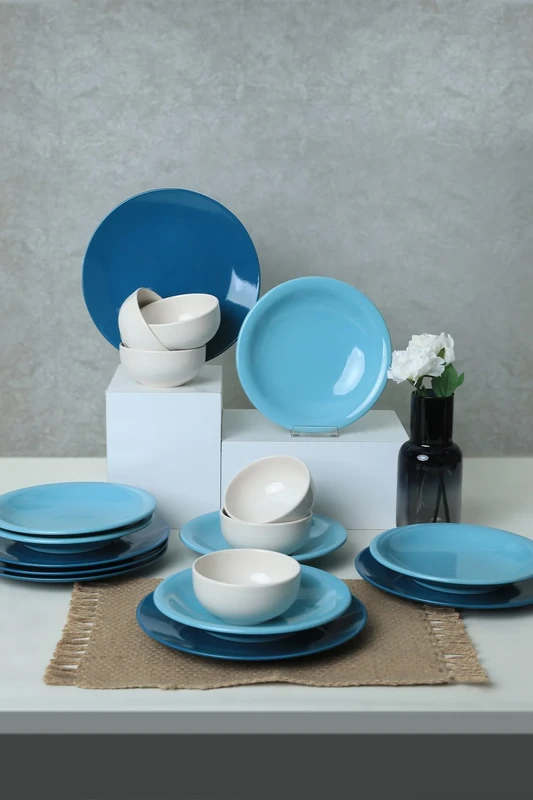 Elegant 18-Piece Ceramic Dinner Set, Blue & White, 100% Antibacterial, Easy Clean, Thermal Shock Resistant, Dishwasher & Microwave Safe, Perfect for Any Occasion