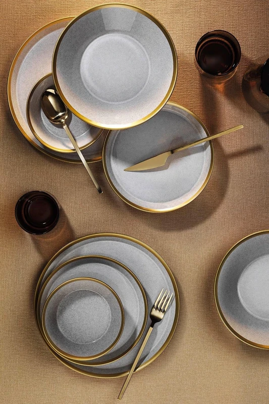 Elegant 16-Piece Dinner Set, 100% Porcelain, Grey & Gold, Includes 4 Service Plates (25 cm), Plates (20 cm), Bowls (14 cm), Mugs (8 cm), Stylish & Sophisticated Dining Experience