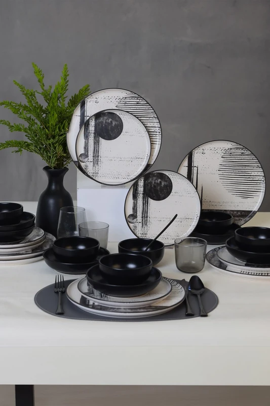 Elegant 24-Piece Dinner Set, Black & White Ceramic Stoneware, Antibacterial, Easy Clean, Thermal Shock Resistant, Dishwasher & Microwave Safe - Image 1