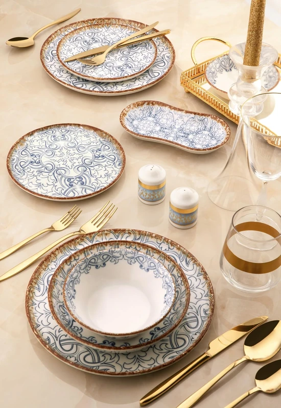 27-Piece Dinner Set, 100% Porcelain, Blue/Brown/White, Includes Service Plates, Bowls, Dessert Plates, Dishwasher & Microwave Safe, Elegant Dining Experience