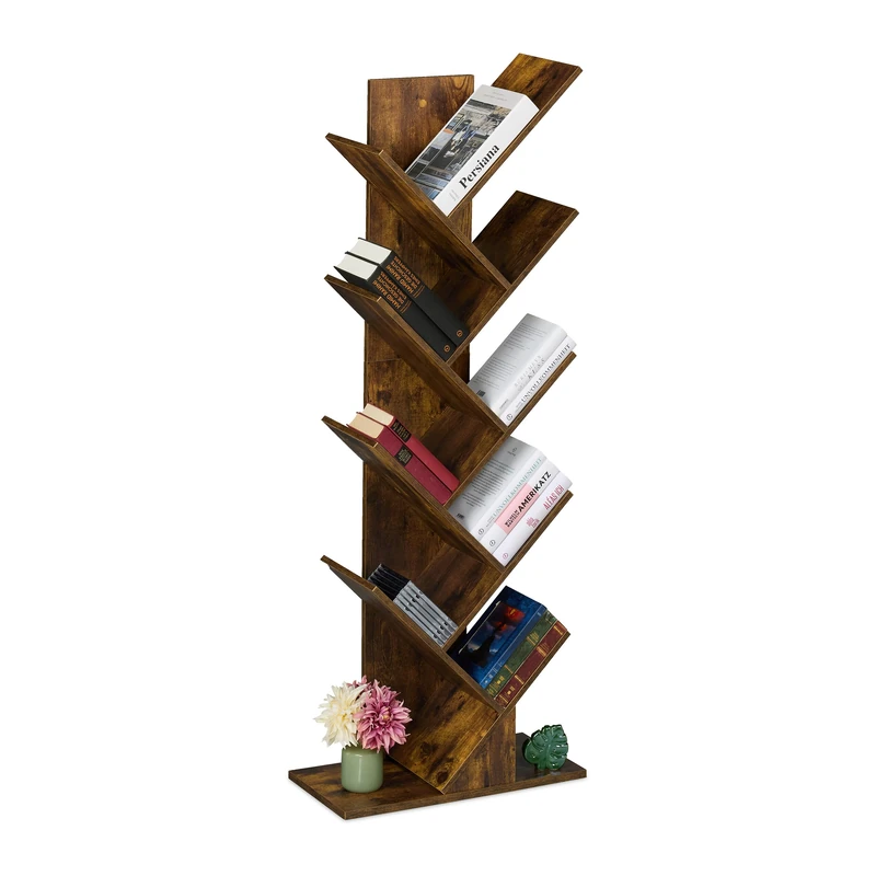 Relaxdays Tree Bookshelf, 9-Tier Bookcase, HWD: 138 x 51 x 25 cm, Storage for Books & CDs, Free-Standing Shelves, Brown, Fibreboard - Image 1