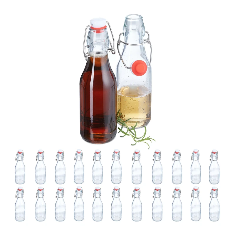 Relaxdays Glass Bottles, Set of 24, 250 ml Each, with Swing Clip Top, Refillable, for Oils, Vinegar, Liqueur, Clear, Plastic, Stainless Steel