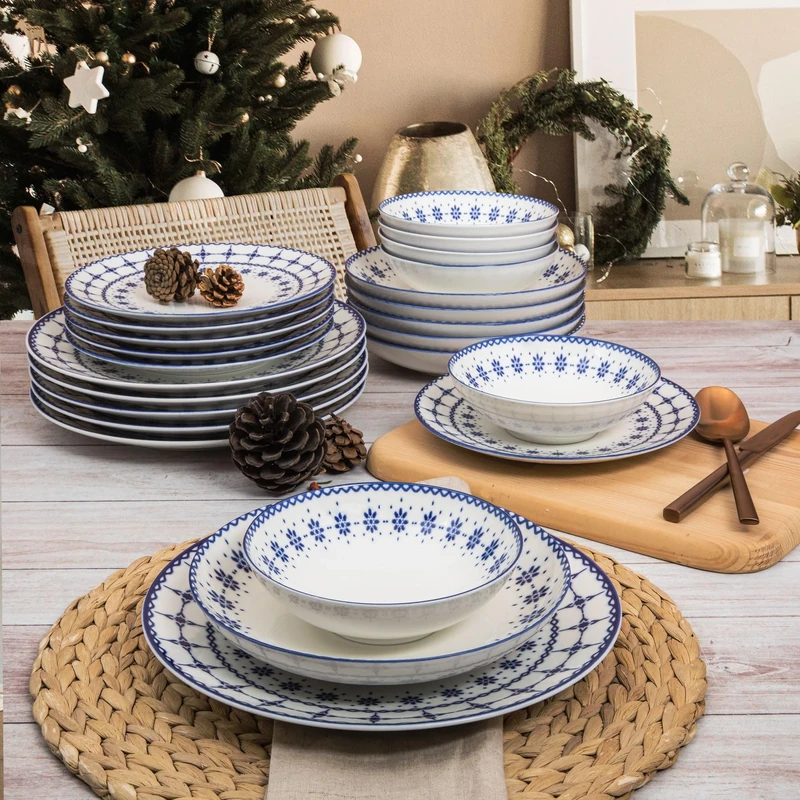 Elegant 24-Piece Dinner Set, 100% Porcelain, White & Blue, Includes Service Plates, Bowls, Dessert Plates, Dishwasher & Microwave Safe, Perfect for Any Occasion