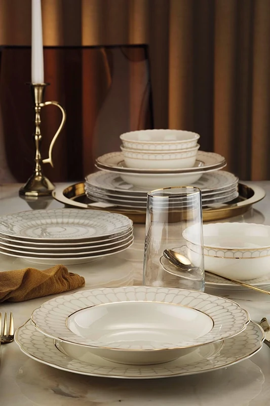 Elegant 24-Piece Dinner Set, 100% Porcelain, Includes 6 Service Plates (27 cm), Deep Plates (21 cm), Dessert Plates (21 cm), & Bowls (15 cm), Perfect for Stylish Dining!