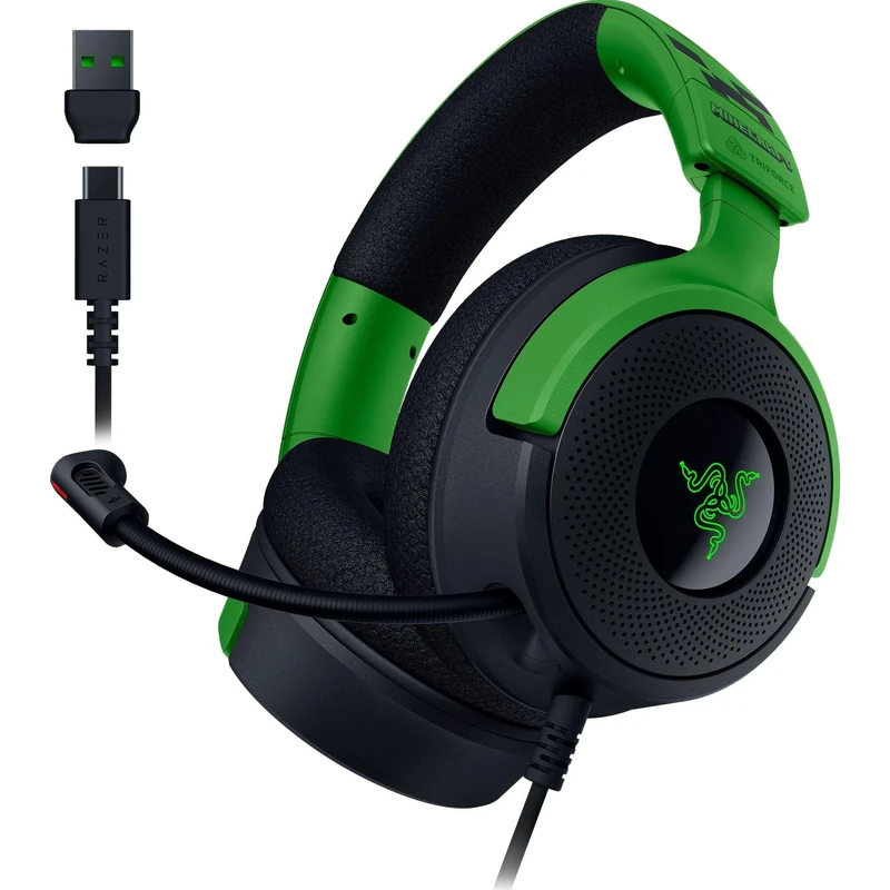 Razer Kraken V4 X Minecraft Edition - Wired USB PC Gaming Headset (TriForce 40mm Drivers, Retractable Cardioid Mic, Surround Sound, Chroma RGB, for PC & console via USB-C) Minecraft