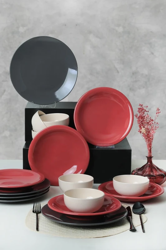 Elegant 18-Piece Ceramic Dinner Set, Black/Red/White, 100% Antibacterial, Easy-Clean, Thermal Shock Resistant, Dishwasher & Microwave Safe