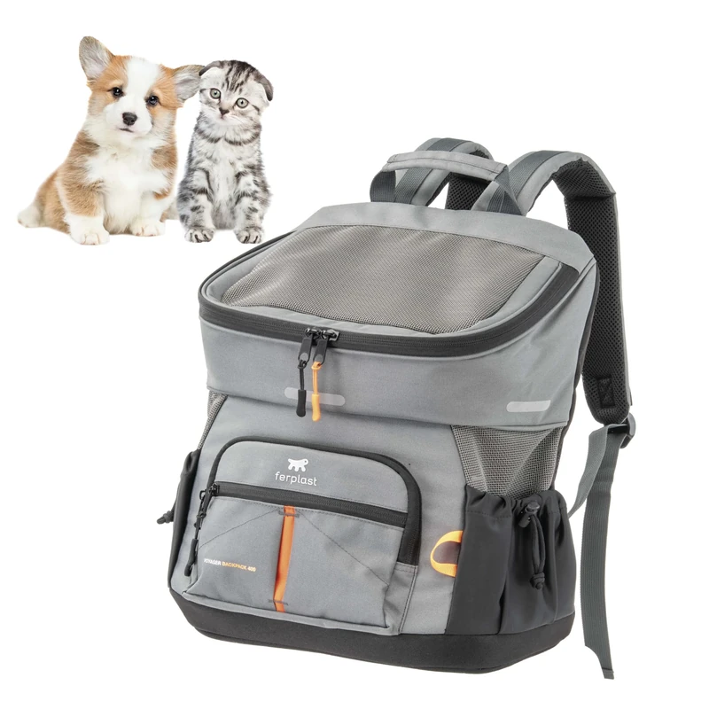 Ferplast Dog Carrier VOYAGER, Cat Backpack, Cat Carrier, Pet Carrier, Wide Opening, Adjustable Straps, Safety Strap, with Cushion, Max 10 kg, 29x21x36H, Grey