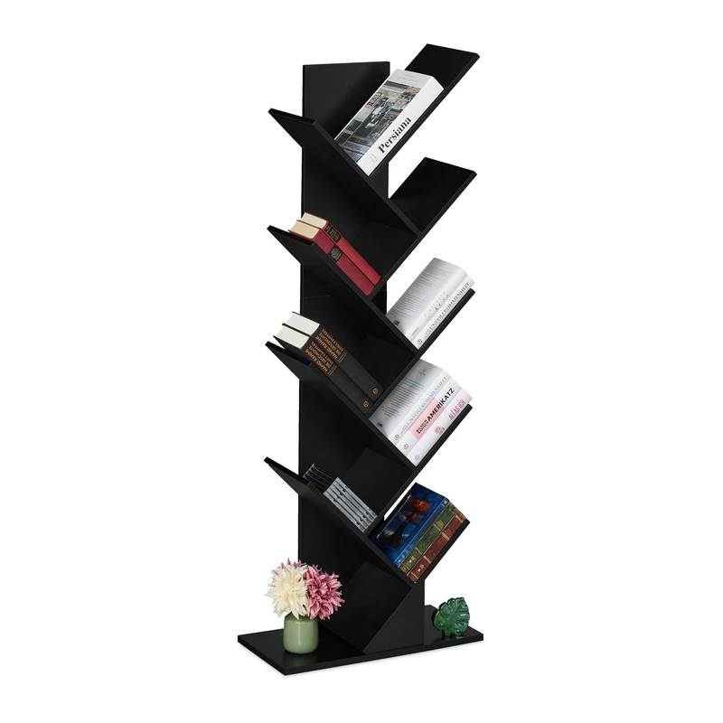 Relaxdays Tree Bookshelf, 9-Tier Bookcase, HWD: 138 x 51 x 25 cm, Storage for Books & CDs, Free-Standing Shelves, Black, Fibreboard