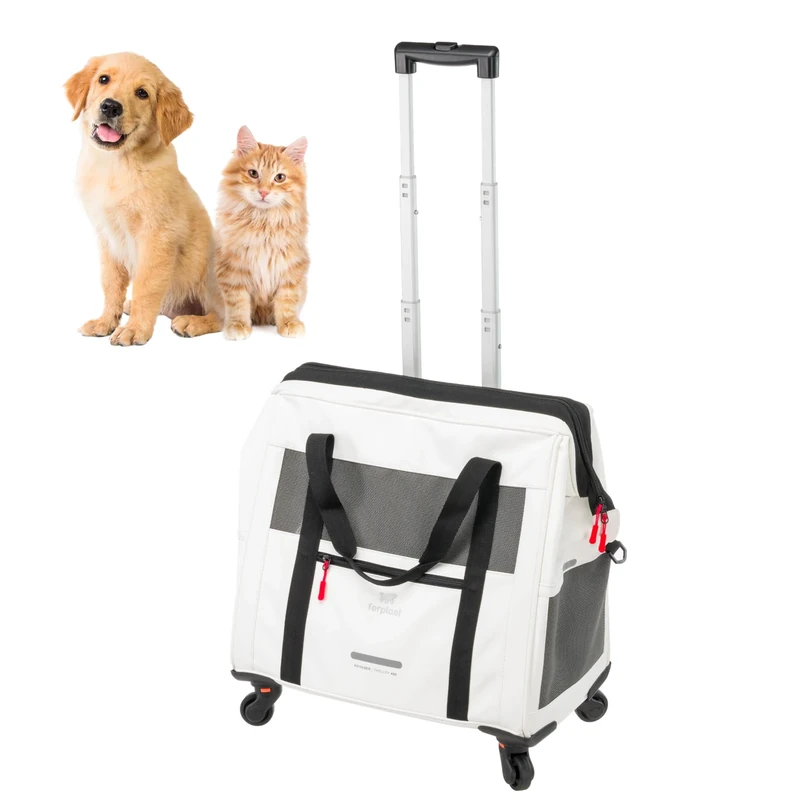 Ferplast Dog Carrier VOYAGER, Cat Carrier, Pet Carrier, Extendable Handle, Adjustable Straps, Wide Opening, Removable Wheels, In Eco-Leather, Max 15 kg, 46 x 26 x 48H cm, White