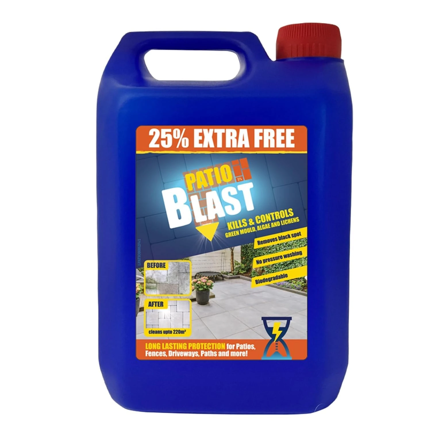 Patio Blast Cleaner Fluid – High-Efficacy Algae, Moss, & Mould Remover for Garden, Paths, Drives, & Decking – Long-Lasting Spray & Leave Formula, 5L