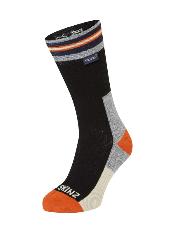 SEALSKINZ Surlingham Waterproof All Weather Mid Length Striped Cuff Sock, Black, L