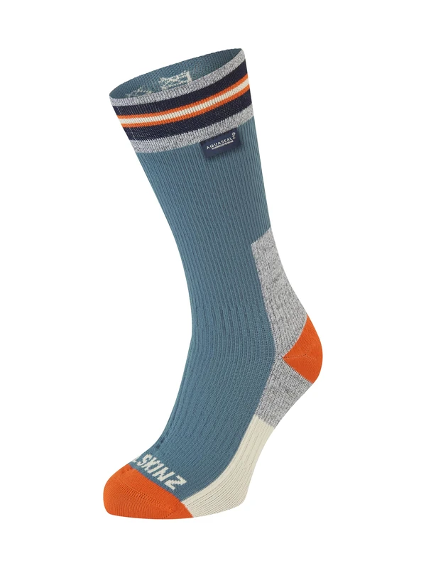 SEALSKINZ Surlingham Waterproof All Weather Mid Length Striped Cuff Sock, Blue, L