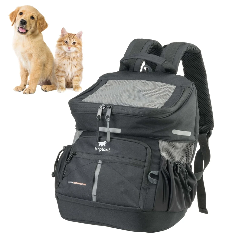 Ferplast Dog Carrier VOYAGER, Cat Backpack, Cat Carrier, Pet Carrier, Wide Opening, Adjustable Straps, Safety Strap, with Cushion, Max 10 kg, 33x23x41H, Black