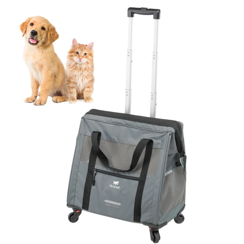 Ferplast Dog Carrier VOYAGER, Cat Carrier, Pet Carrier, Extendable Handle, Adjustable Straps, Wide Opening, Removable Wheels, Max 15 kg, 46 x 26 x 48H cm, Grey