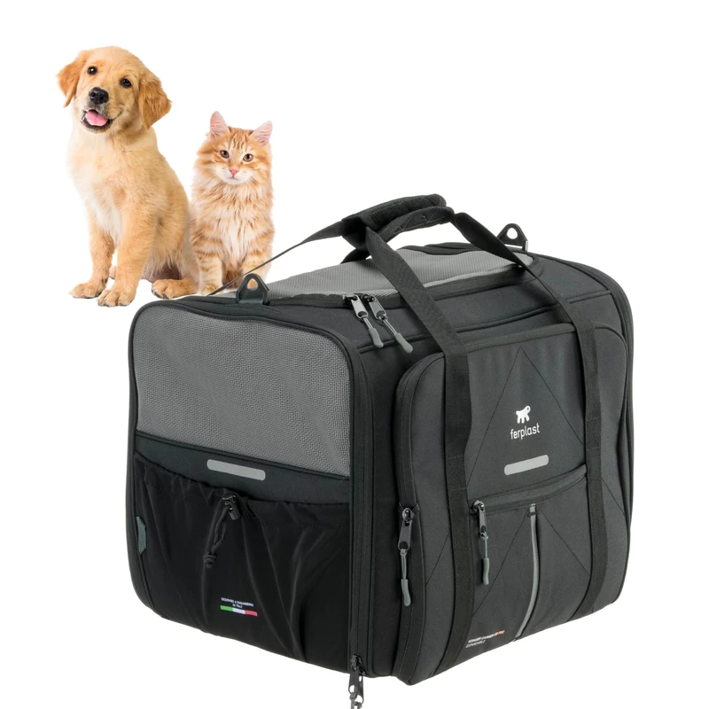 Ferplast Dog Carrier VOYAGER, Cat Carrier, Pet Carrier, Adjustable Handles and Shoulder Strap, Safety Belt, Double Side Opening, with Cushion, Max 15 Kg, 50x35x37h cm, Black