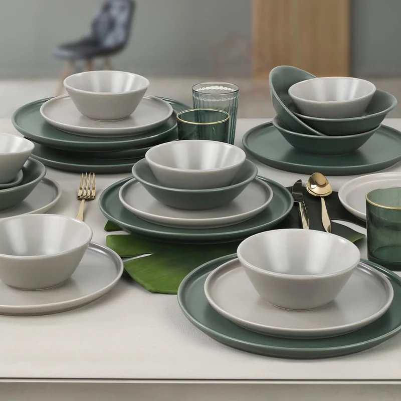 Elegant 24-Piece Ceramic Dinner Set, Green & White, 100% Stoneware, Antibacterial, Microwave & Dishwasher Safe, Easy Clean, Thermal Shock Resistant