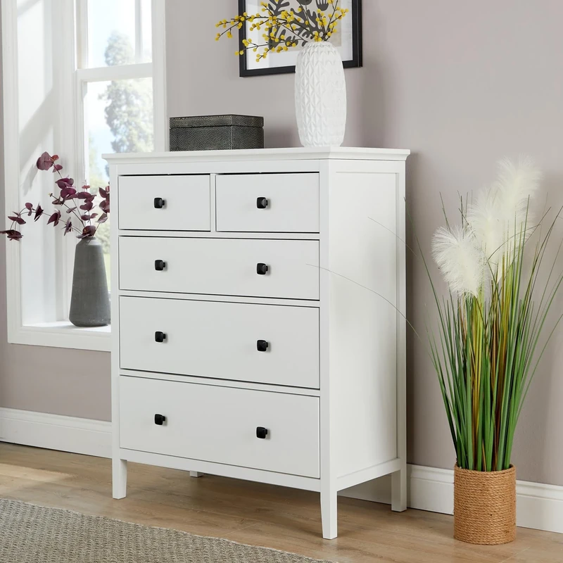 Home Source Bedroom Chest of Drawers, Clothing Storage Cabinet, 5 Drawers, White