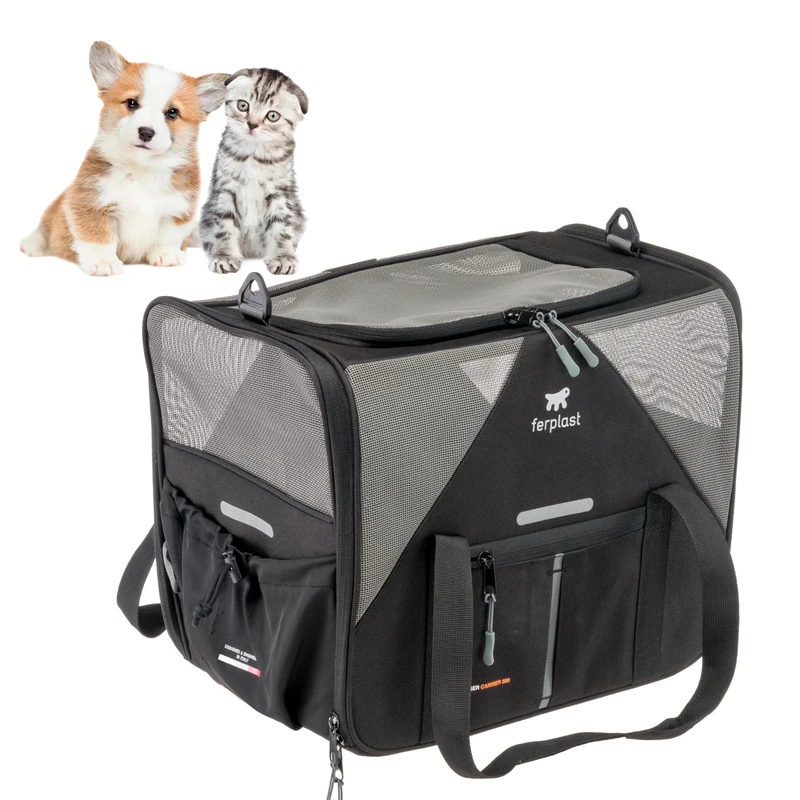 Ferplast Dog Carrier VOYAGER, Cat Carrier, Pet Carrier, Adjustable Handles and Shoulder Strap, Safety Belt, Double Side Opening, with Cushion, Max 15 kg, 45x30x h33 cm, Black