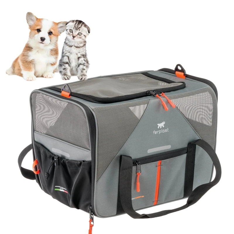 Ferplast Dog Carrier VOYAGER, Cat Carrier, Pet Carrier, Adjustable Handles and Shoulder Strap, Safety Belt, Double Side Opening, with Cushion, Max 15 kg, 45x30x h33 cm, Grey