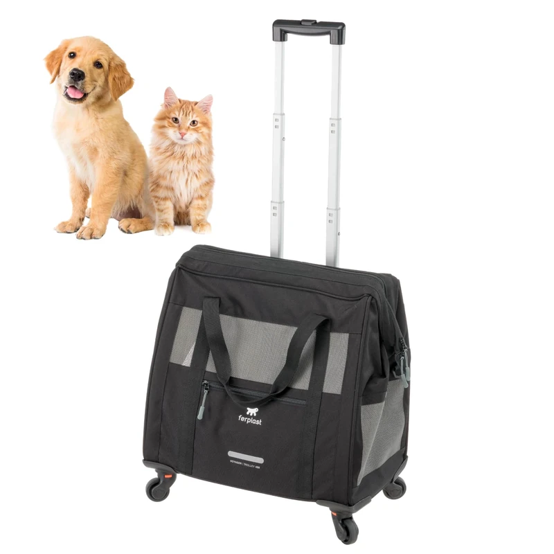 Ferplast Dog Carrier VOYAGER, Cat Carrier, Pet Carrier, Extendable Handle, Adjustable Straps, Wide Opening, Removable Wheels, Max 15 kg, 46 x 26 x 48H cm, Black