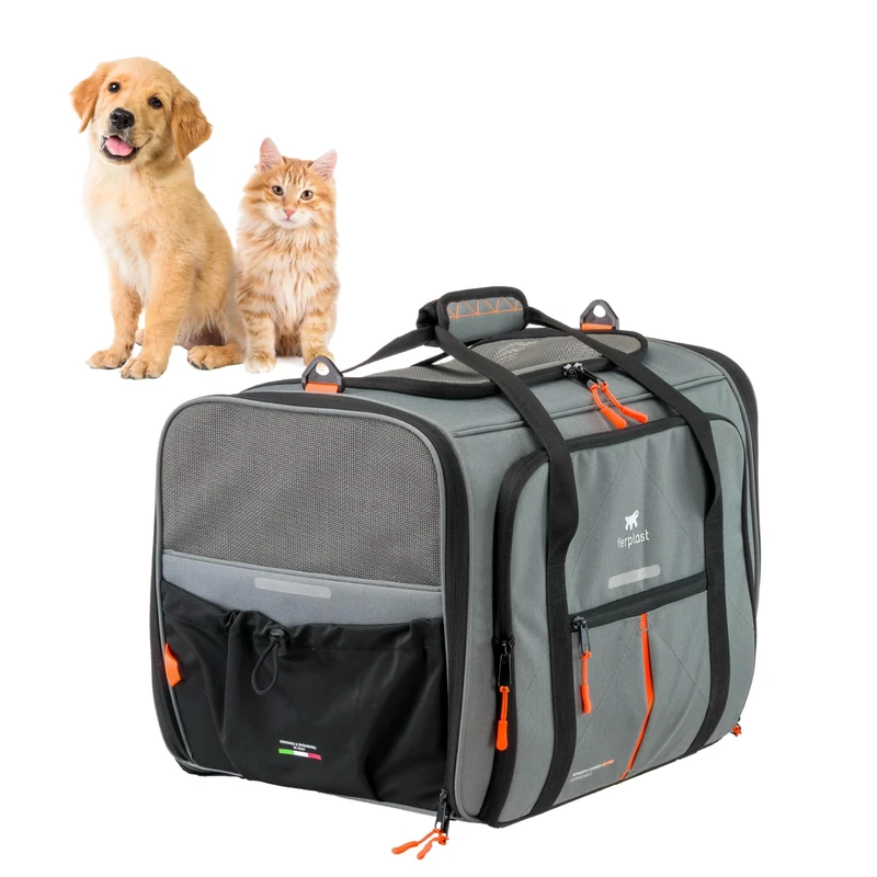 Ferplast Dog Carrier VOYAGER, Cat Carrier, Pet Carrier, Adjustable Handles and Shoulder Strap, Safety Belt, Double Side Opening, with Cushion, Max 15 Kg, 50x35x37h cm, Grey