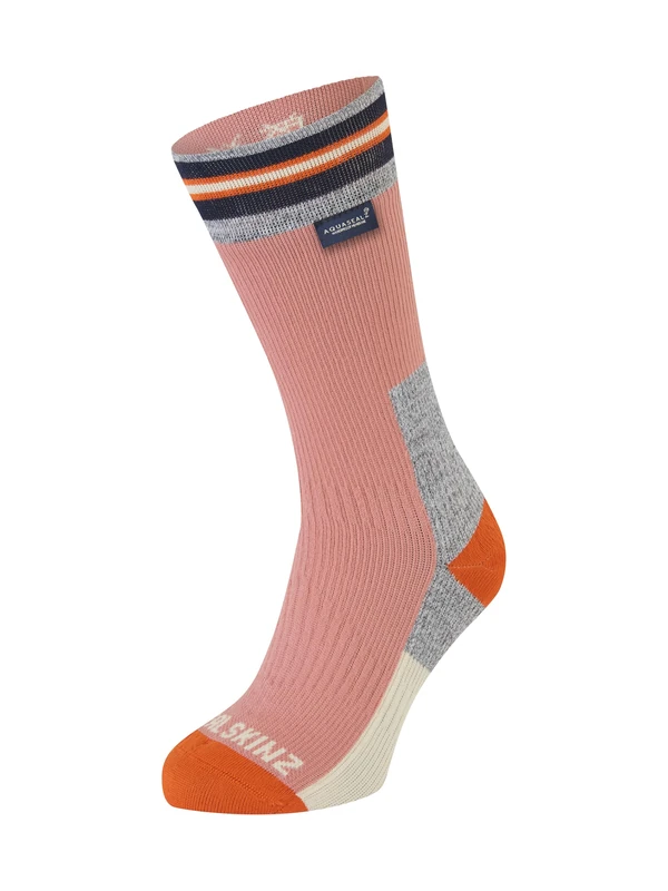 SEALSKINZ Surlingham Waterproof All Weather Mid Length Striped Cuff Sock, Pink, S