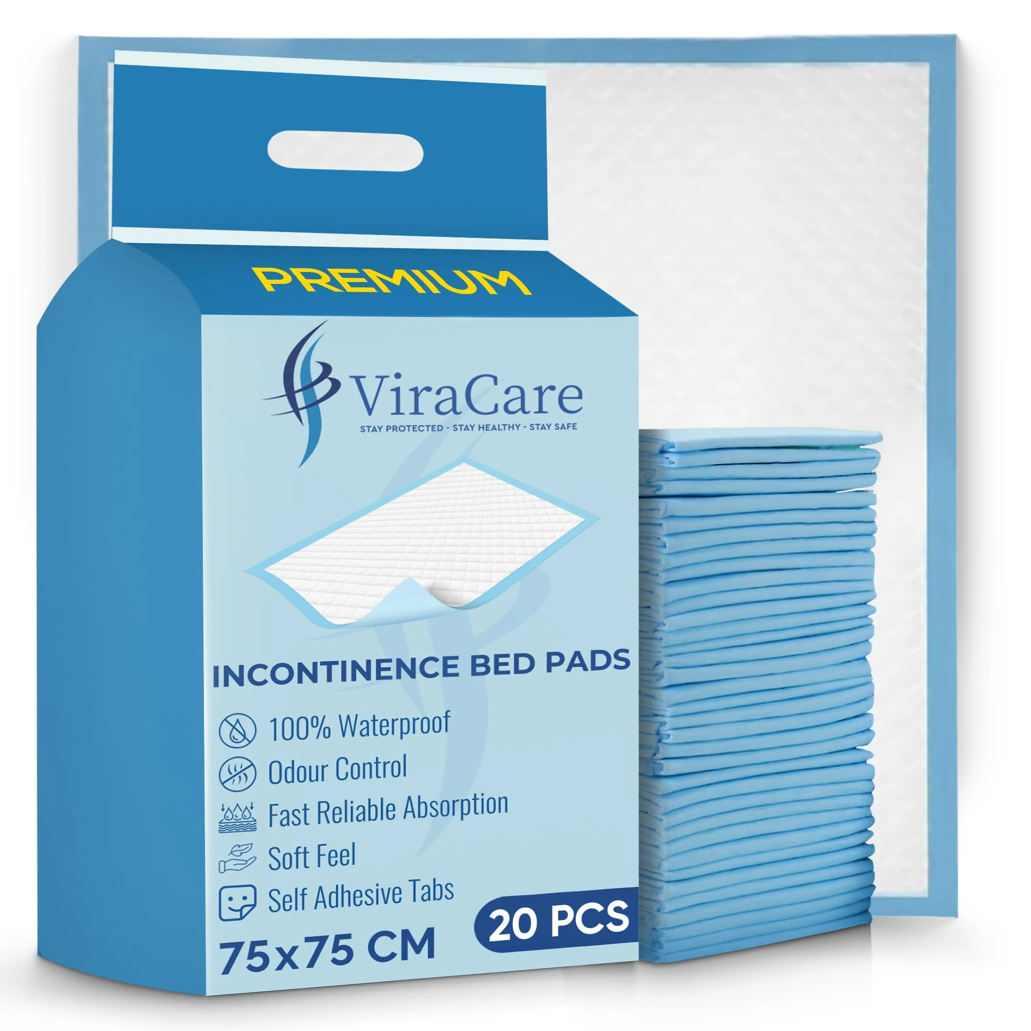80 x Premium Incontinence Bed Pads 75x75 cm | Disposable Bed Mats | Hygienic Protection & Self Adhesive Tabs | Bed Protectors Kids & Adults | (4 Packs of 20)