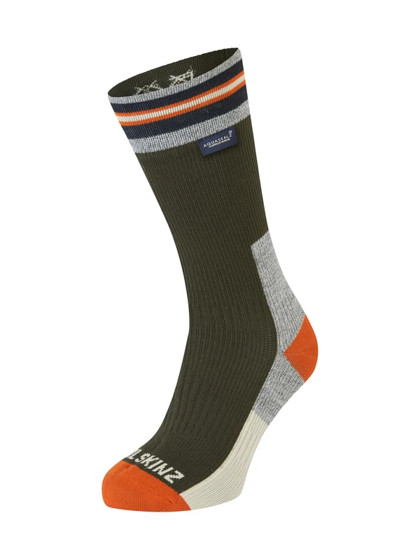 SEALSKINZ Surlingham Waterproof All Weather Mid Length Striped Cuff Sock, Olive, L