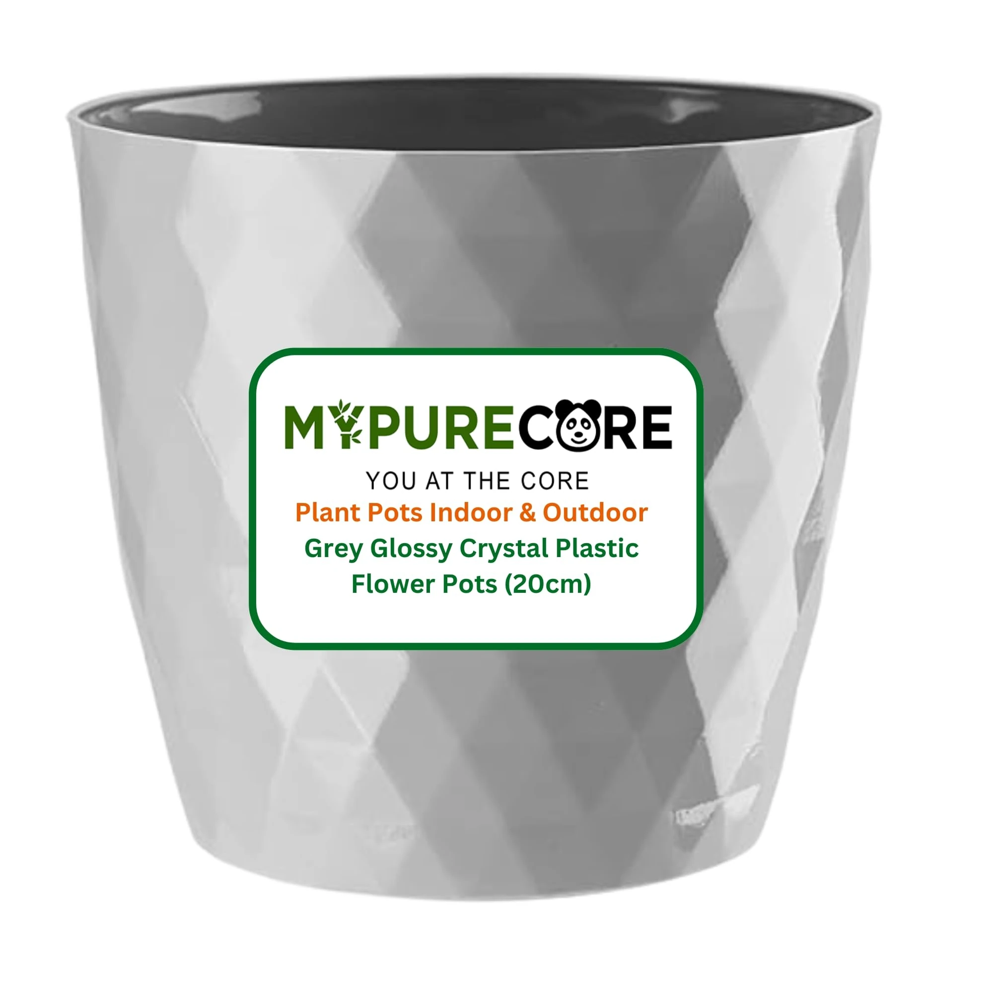 MYPURECORE Plant Pots Indoor 20cm – Stylish Decorative Plastic Flower Pot with Glossy Crystal Surface – Durable Indoor & Outdoor Planter for House Plants, Herbs (Grey, 20 cm)