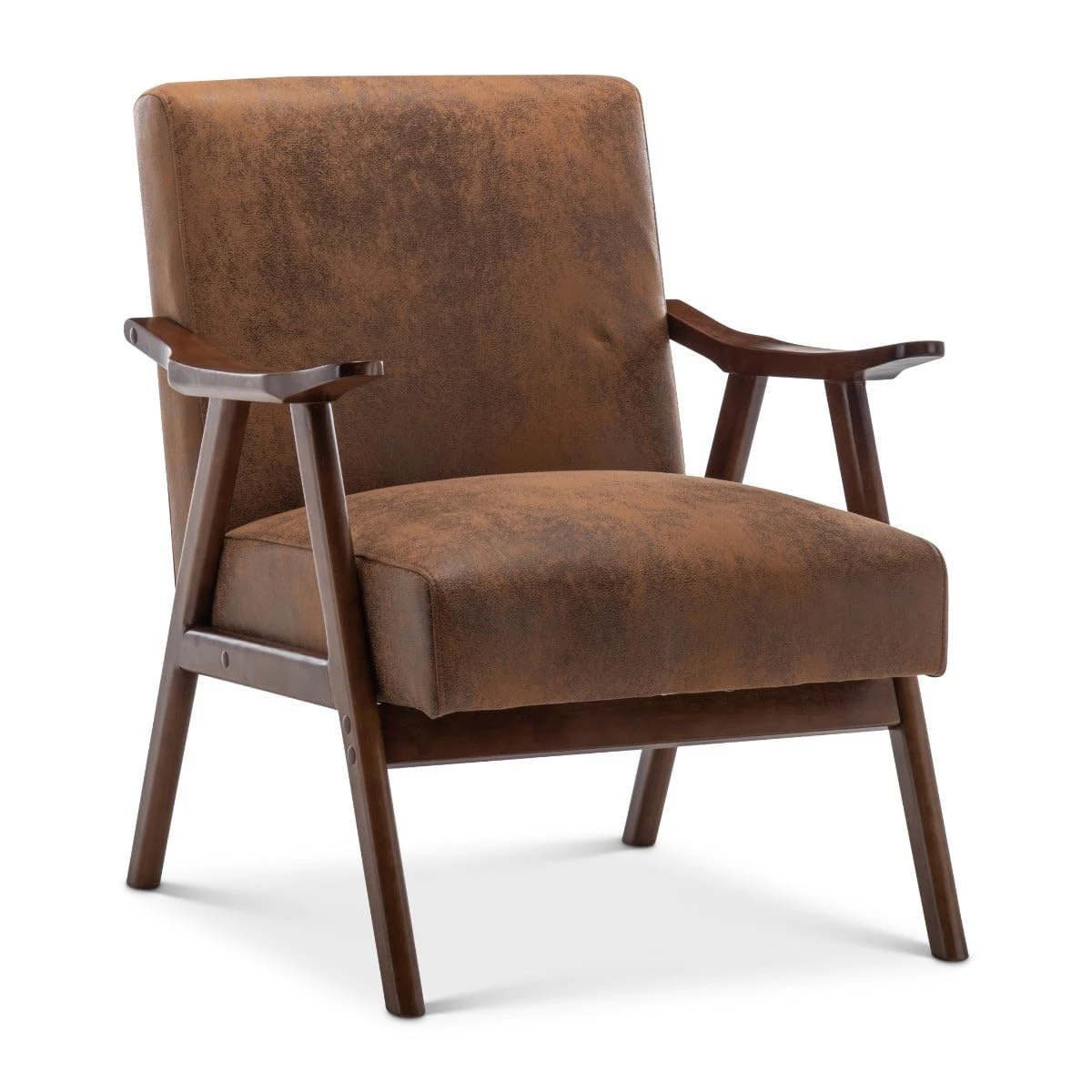 Stunning Chairs Retro Wooden Armchair – Brown Faux Suede Leather Accent Chair for Living Room, Mid Century Leather Style Armchair with Sleek Frame - Ideal for Small Spaces