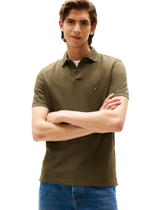Tommy Hilfiger Men's Short Sleeve Polo Shirts in Regular Fit with Stretch and Organic Pique Cotton, Army Green, Medium