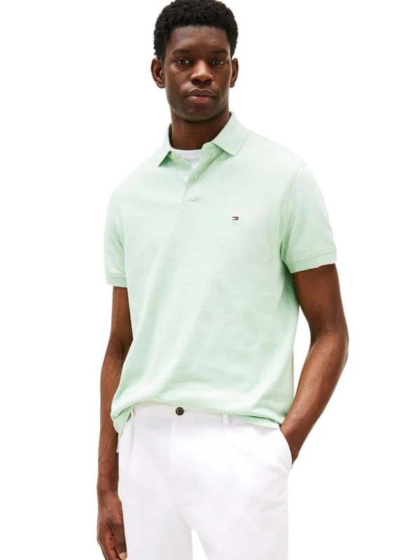 Tommy Hilfiger Men's Short Sleeve Polo Shirts in Regular Fit with Stretch and Organic Pique Cotton, Mint Gel Heather, XL